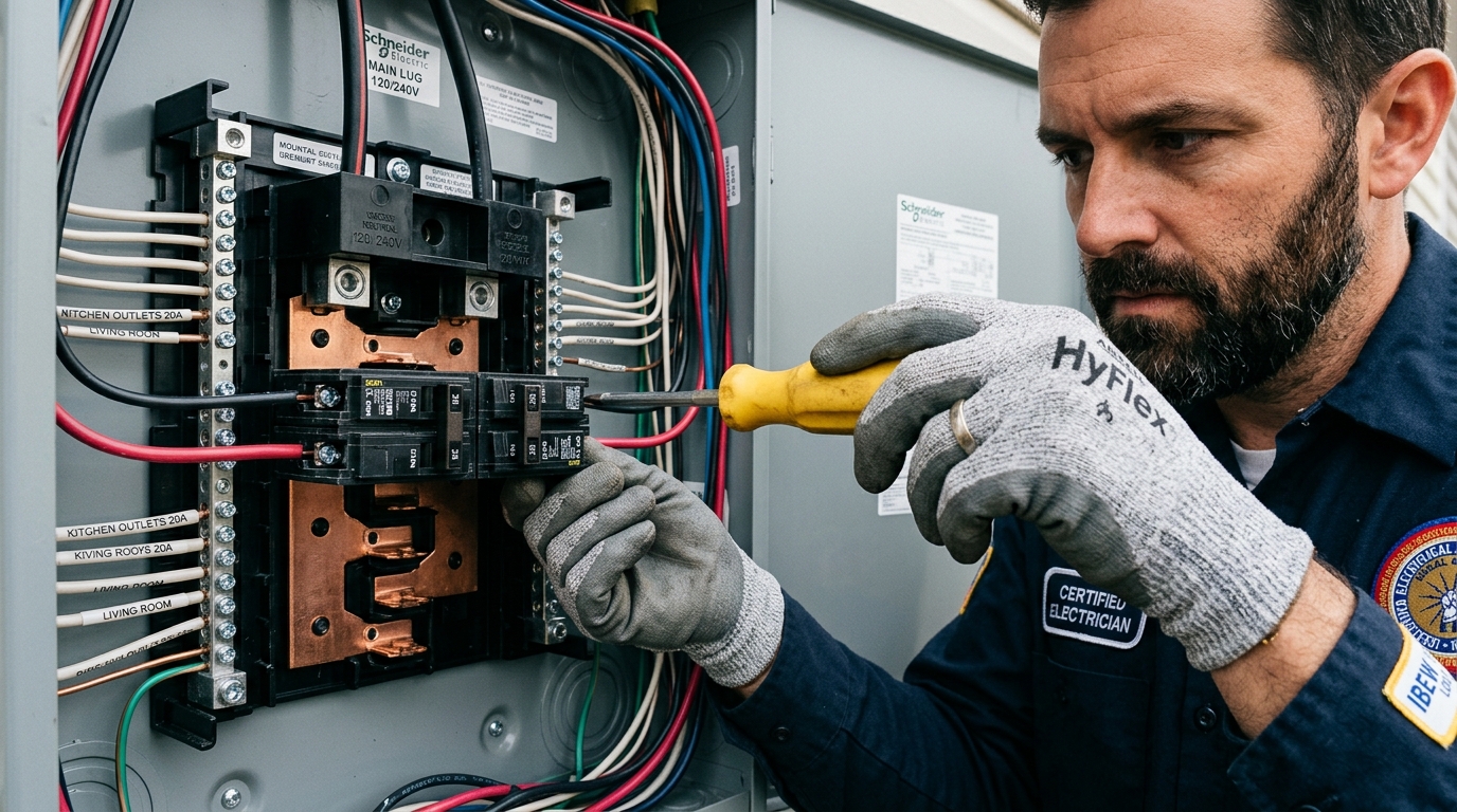 Master electrician installing and tightening circuit breakers inside an electrical service panel with insulated tools