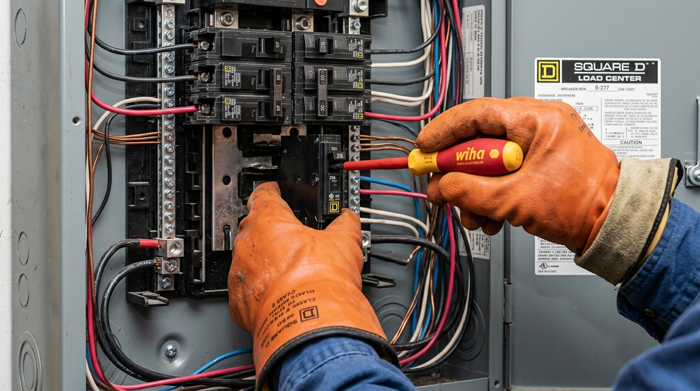 Master electrician replacing circuit breaker with insulated tools in residential panel