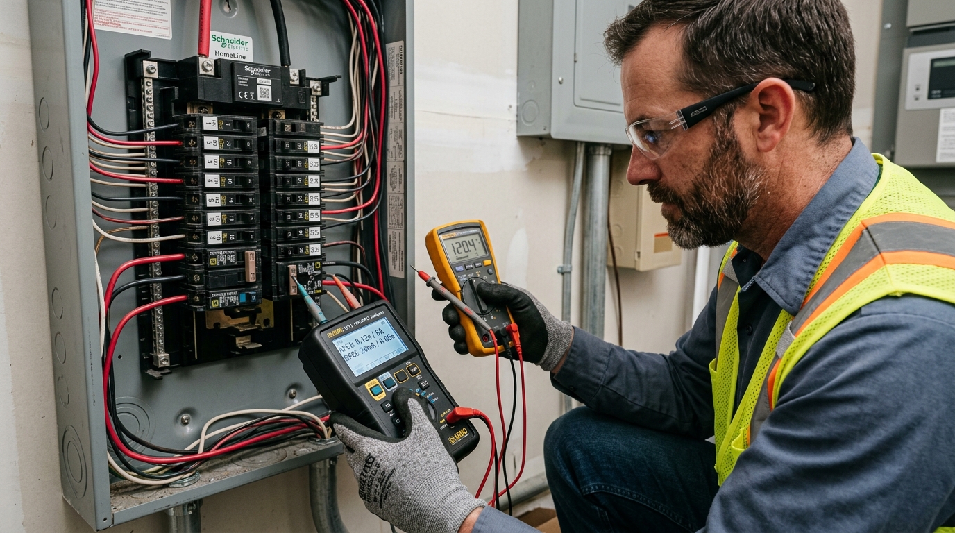 Certified electrician using digital diagnostic tester analyzing AFCI and GFCI circuit breakers in residential panel