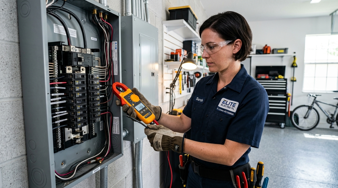 Licensed Sarasota electrician in safety glasses using a digital clamp multimeter to test circuit breaker load current