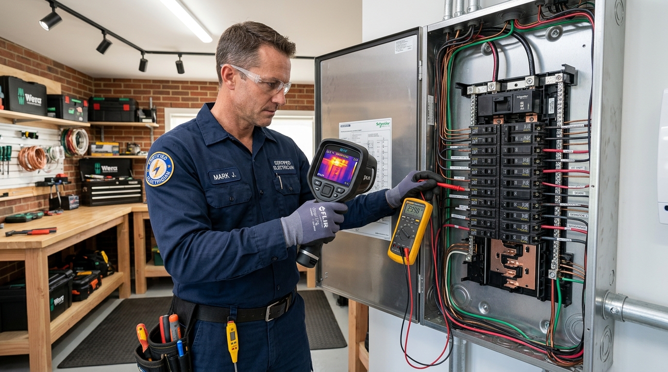 Certified Sarasota electrician inspecting a 200A circuit breaker panel using an infrared thermal imaging camera and multimeter